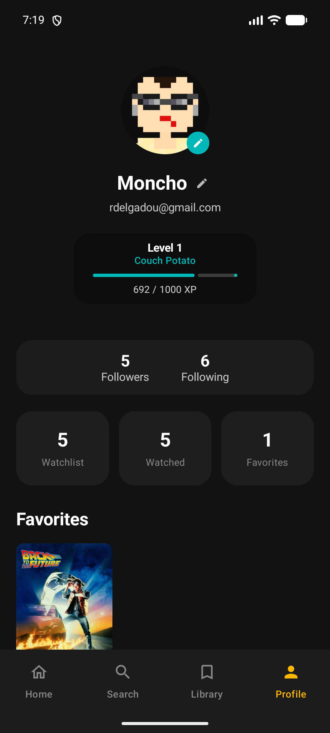 Profile screen showing XP level and watch stats